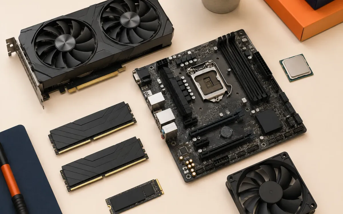 ชิ้นส่วนคอมพิวเตอร์ เช่น การ์ดจอ เมนบอร์ด CPU RAM SSD และพัดลม