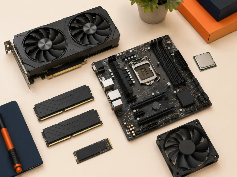 ชิ้นส่วนคอมพิวเตอร์ เช่น การ์ดจอ เมนบอร์ด CPU RAM SSD และพัดลม